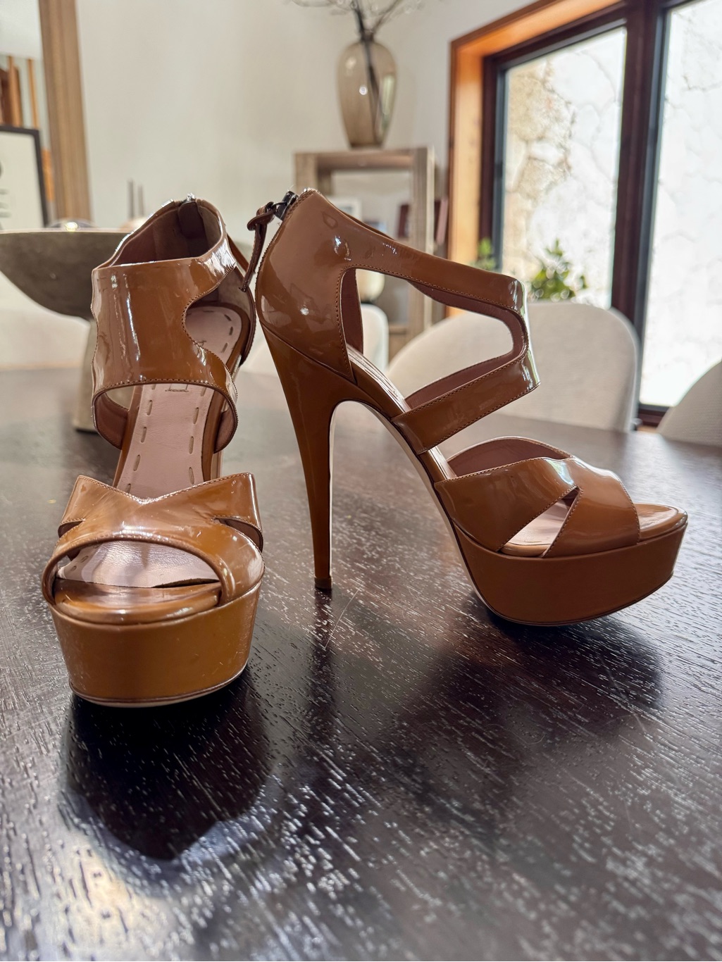 Miu Miu Cognac Patent Platform Sandals